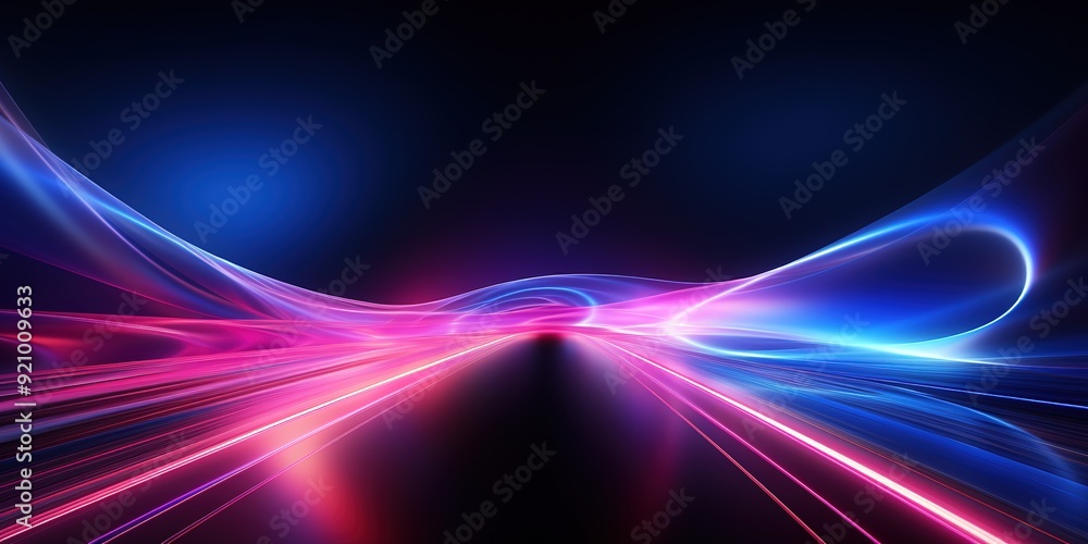 Abstract digital art with blue and pink glowing lines and waves on dark background. Abstract digital art with blue and pink glowing lines and waves on dark background.