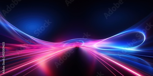 Abstract digital art with blue and pink glowing lines and waves on dark background.