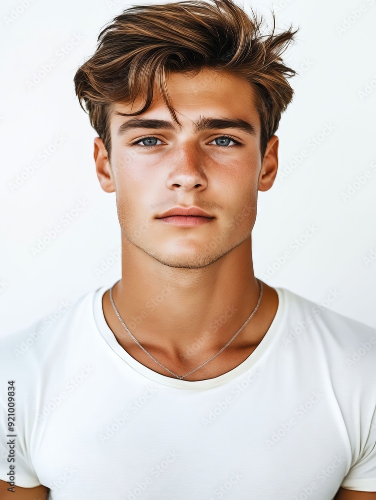 A young man wearing a white shirt and a silver necklace A young man wearing a white shirt and a silver necklace
