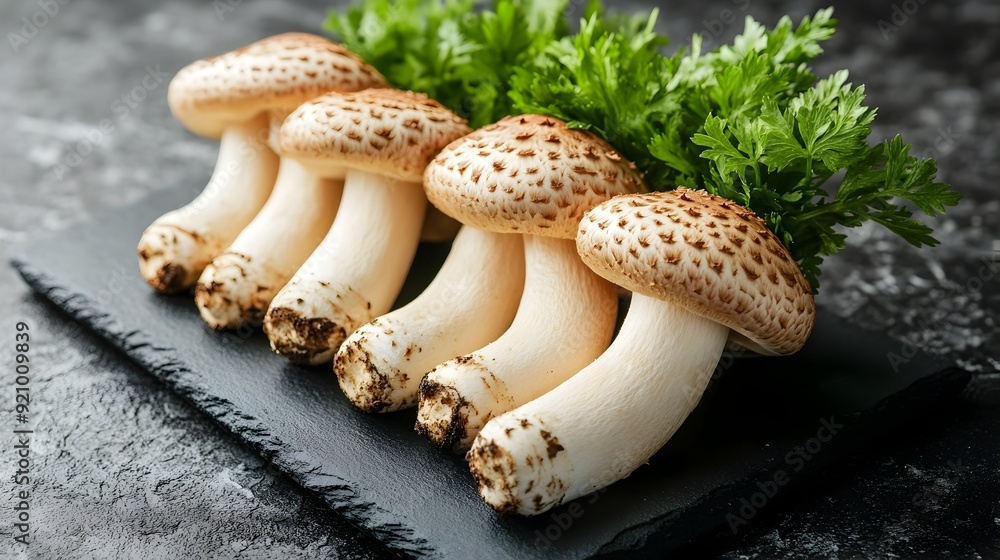 Exquisite Matsutake Mushrooms on a Sleek Black Stone Plate Rare Japanese and Korean Culinary Delight Exquisite Matsutake Mushrooms on a Sleek Black Stone Plate Rare Japanese and Korean Culinary Delight