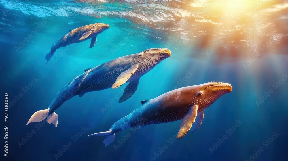 Fototapeta premium A pod of whales communicating through song in the deep blue ocean