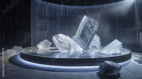 Minimalist geometric shapes, ice material, huge outdoor stage, large scale, circular ground, prominent geometric shapes 