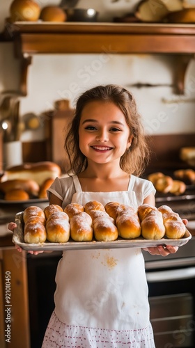 A young girl holding a tray of freshly baked bread rolls