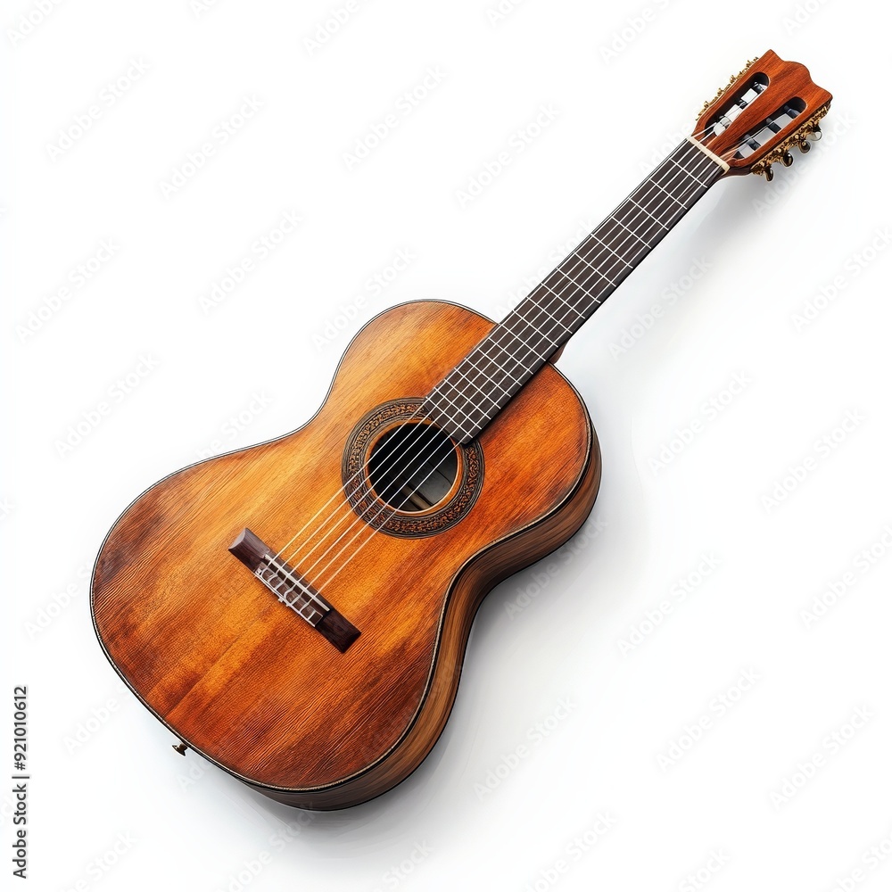 Fototapeta premium single guitar clipart, musical instrument element, acoustic, wooden texture, isolated on white background
