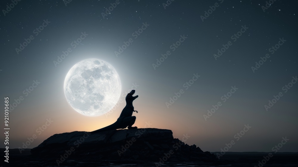 Fototapeta premium Mighty T Rex Silhouetted Against Moonlit Mountainous Landscape with Starry Aurora Sky