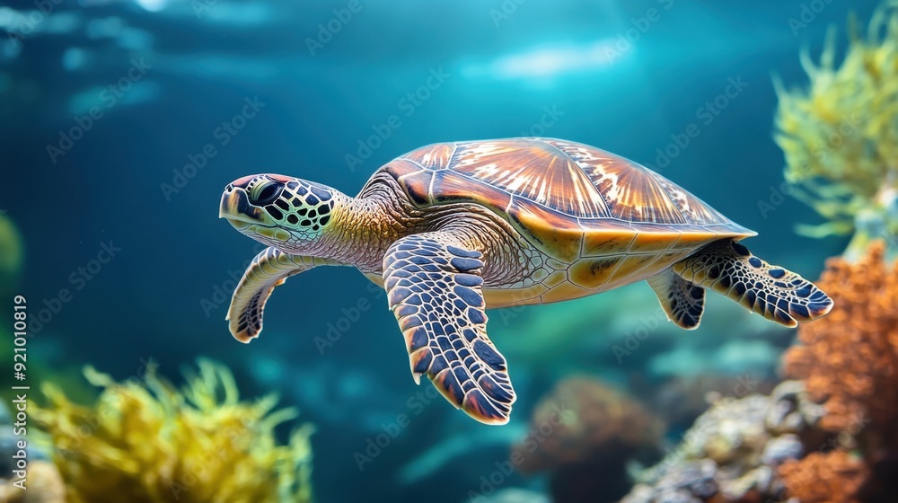 Fototapeta premium A sea turtle gracefully swimming through an underwater garden of seaweed and coral