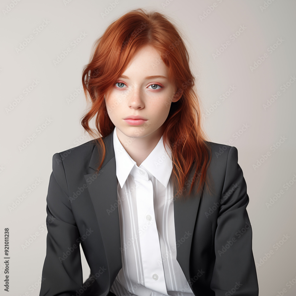 Confident Businesswoman in Suit with Pensive Expression Confident Businesswoman in Suit with Pensive Expression