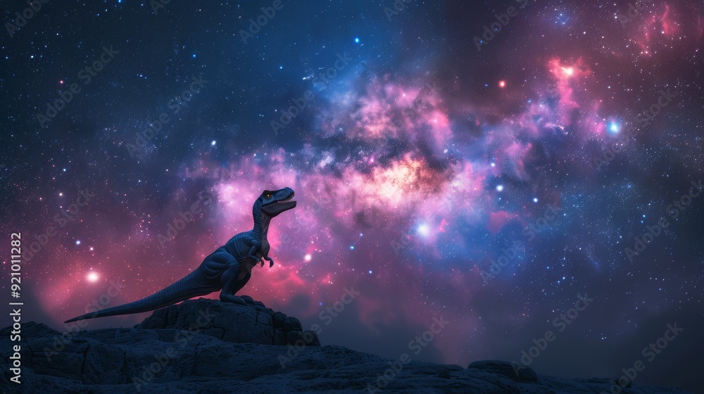 Majestic T Rex Silhouetted Against Cosmic Galaxy in Starry Night Sky Majestic T Rex Silhouetted Against Cosmic Galaxy in Starry Night Sky