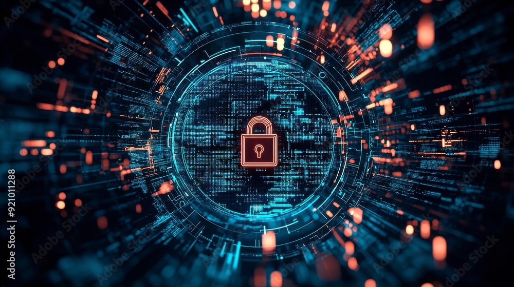 Obraz premium Digital background with pixelated lock and data protection symbols on a blue digital screen