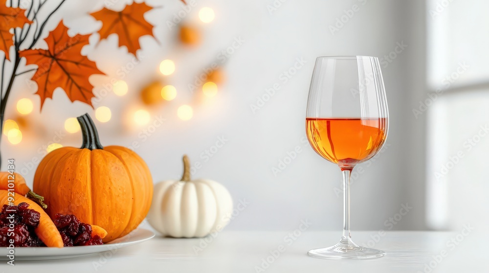 Elegant autumn table setting with pumpkins, a glass of wine, and warm lights, perfect for festive seasonal celebrations. Elegant autumn table setting with pumpkins, a glass of wine, and warm lights, perfect for festive seasonal celebrations.