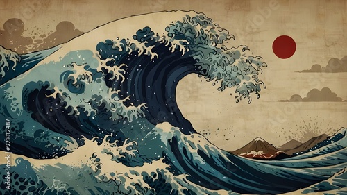 Large ocean wave as wallpaper with a Japanese graphic style