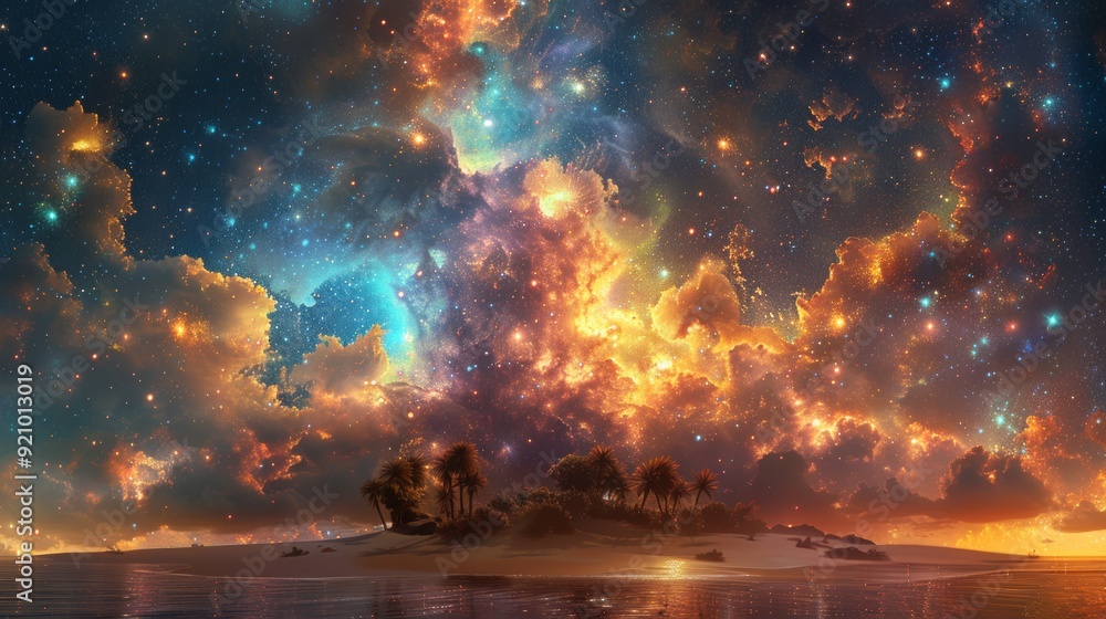 Tranquil Floating Island Amidst Vibrant Cosmic Galaxy and Starry Skies Tranquil Floating Island Amidst Vibrant Cosmic Galaxy and Starry Skies