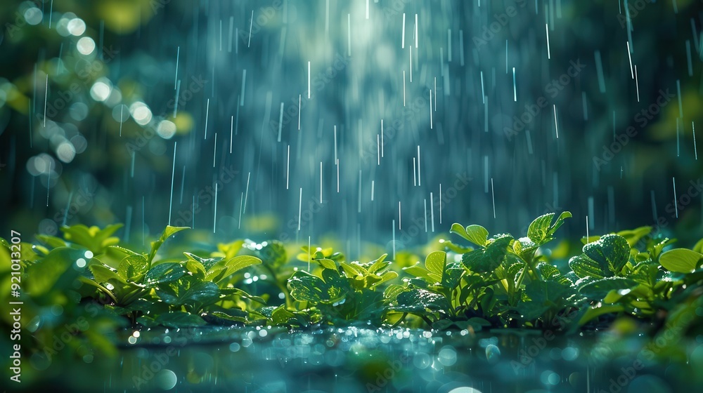 Vibrant green leaves under falling raindrops, capturing the essence of nature's freshness and the serene beauty of a rainy day. Vibrant green leaves under falling raindrops, capturing the essence of nature's freshness and the serene beauty of a rainy day.