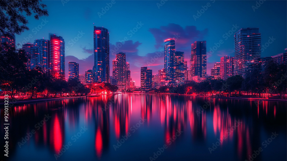 Fototapeta premium Frankfurt am Main skyline at night with reflection in the river.