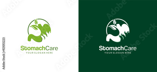 Natural green stomach logo design, stomach logo vector illustration with hand concept