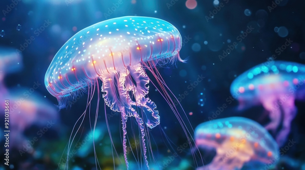 Obraz premium A swarm of glowing jellyfish creating a mesmerizing underwater light show