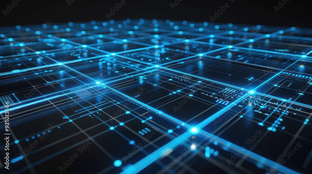 Fototapeta premium Abstract digital grid with glowing blue lines and data points. Network, connection, technology concept.