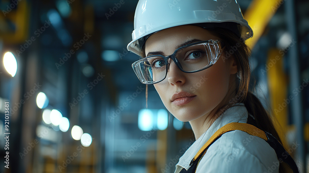 Realistic editorial shot of an industrial woman in glasses and a white helmet, staring at the camera with a serious expression, set against an industrial building with accent lighting. Realistic editorial shot of an industrial woman in glasses and a white helmet, staring at the camera with a serious expression, set against an industrial building with accent lighting.