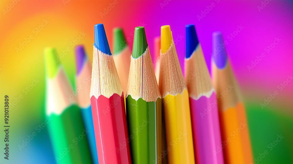Fototapeta premium Vibrant Close-Up of Colorful Pencils Arranged in an Artistic Display Against a Blurred Pastel Background, Creating a Bright and Creative Atmosphere for School Supplies or Artistic Work