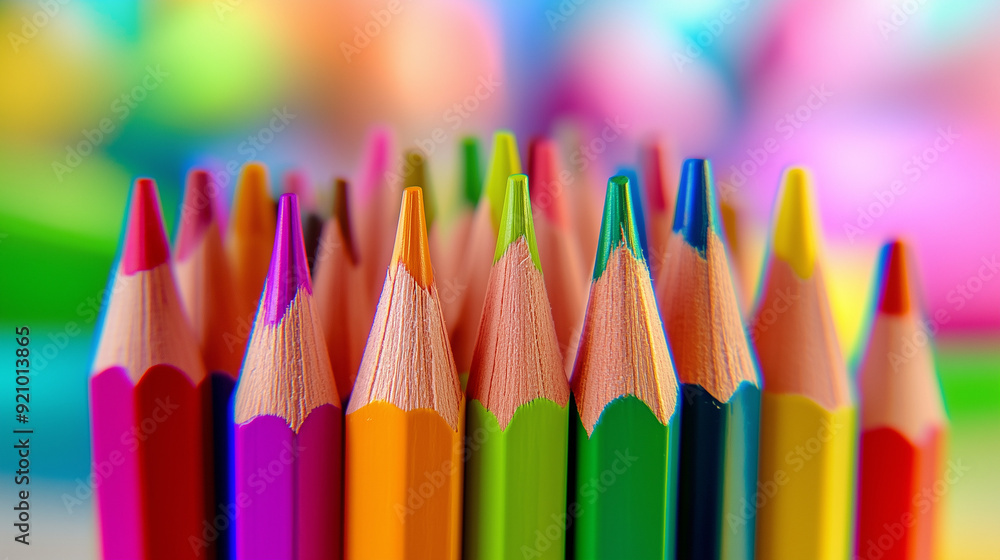 Vibrant Close-Up of Colorful Pencils Arranged in an Artistic Display Against a Blurred Pastel Background, Creating a Bright and Creative Atmosphere for School Supplies or Artistic Work Vibrant Close-Up of Colorful Pencils Arranged in an Artistic Display Against a Blurred Pastel Background, Creating a Bright and Creative Atmosphere for School Supplies or Artistic Work