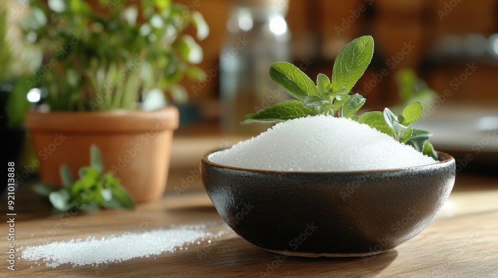 Bowl of Sugar with Green Herbs Bowl of Sugar with Green Herbs