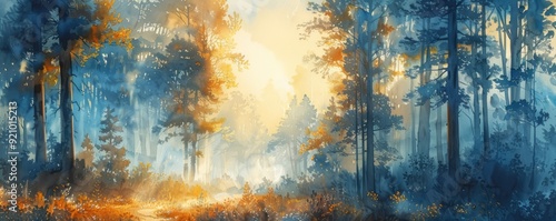 Abstract lush forest with morning light in watercolor.