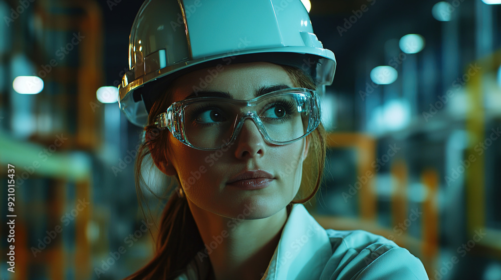 Realistic editorial shot of an industrial woman in glasses and a white helmet, staring at the camera with a serious expression, set against an industrial building with accent lighting. Realistic editorial shot of an industrial woman in glasses and a white helmet, staring at the camera with a serious expression, set against an industrial building with accent lighting.