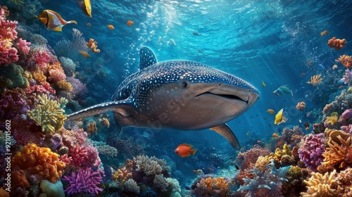 A whale shark peacefully gliding through a colorful coral forest