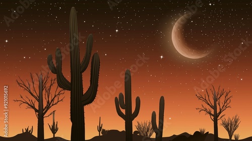 A serene desert landscape at twilight, featuring silhouetted cacti and a crescent moon against a starry sky. photo