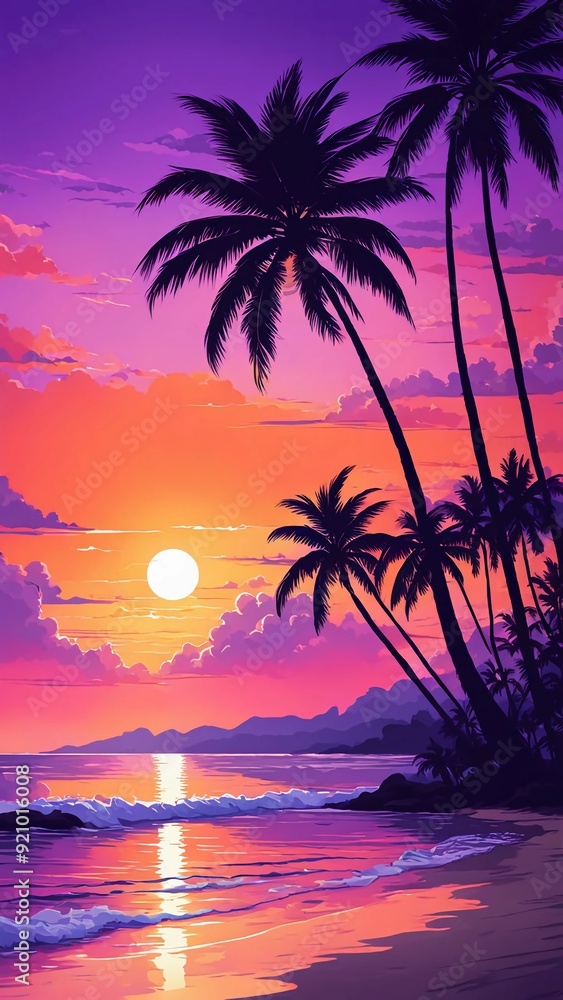 Anime beach scene where tall palm trees are silhouetted against the sunset vibrant colors Anime beach scene where tall palm trees are silhouetted against the sunset vibrant colors