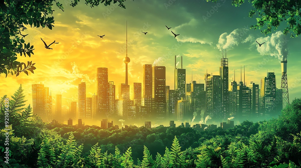 City Skyline Emerging from Green Forest. City Skyline Emerging from Green Forest.