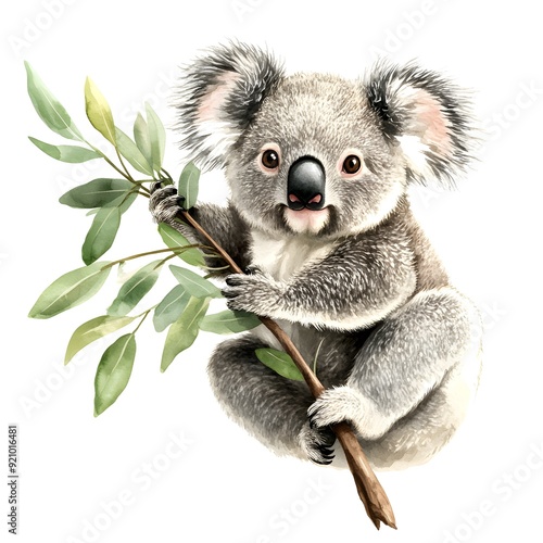 Playful Koala in Watercolor: A charming koala bear clings to a eucalyptus branch, its soft fur and gentle eyes brought to life in vibrant watercolor. 