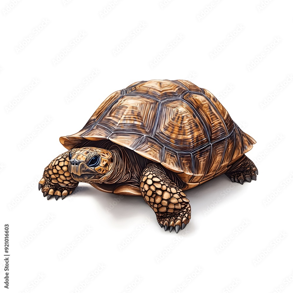 Obraz premium Ancient Mariner: A majestic Galapagos tortoise, weathered by time, strides across a pristine white backdrop, its intricate shell a testament to resilience and longevity. 