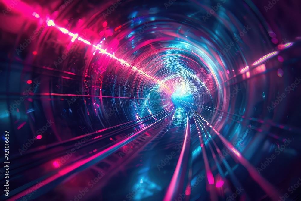 Abstract futuristic tunnel with glowing neon lights in pink and blue.