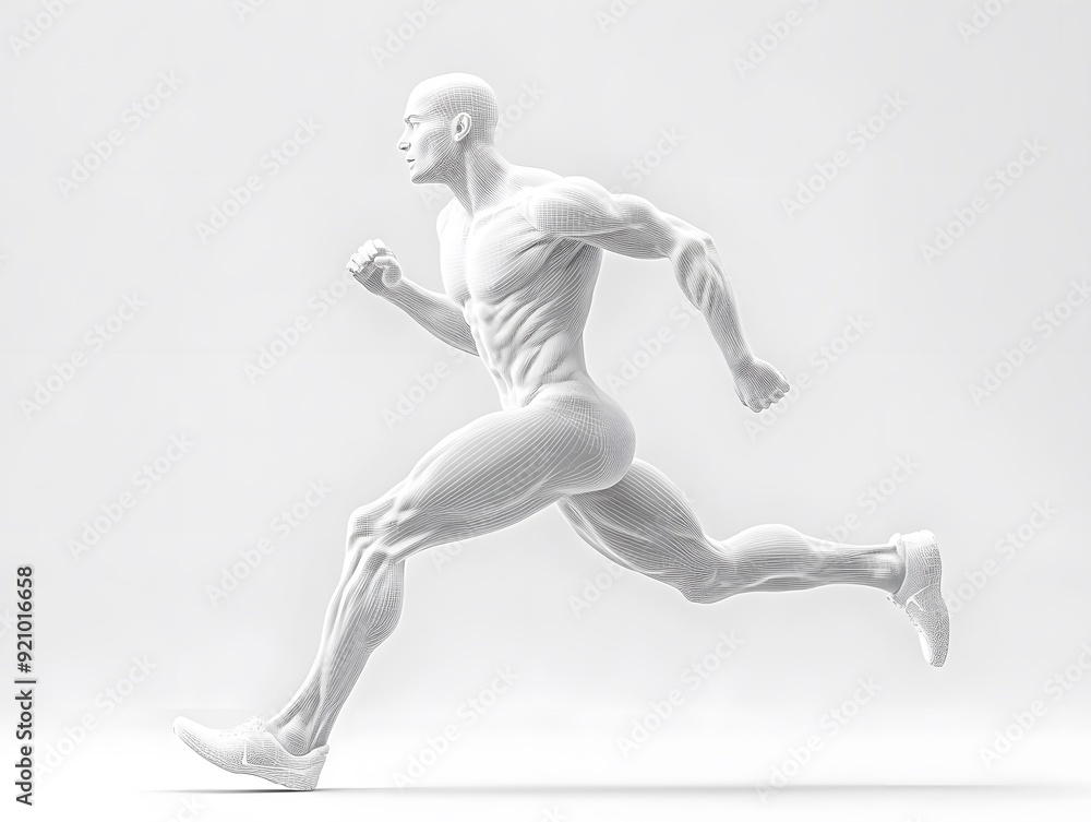 White Runner: An anatomical representation of a runner in motion, showcasing the power and grace of human movement. The minimalist white design evokes a sense of speed and energy, highlighting the ath White Runner: An anatomical representation of a runner in motion, showcasing the power and grace of human movement. The minimalist white design evokes a sense of speed and energy, highlighting the ath