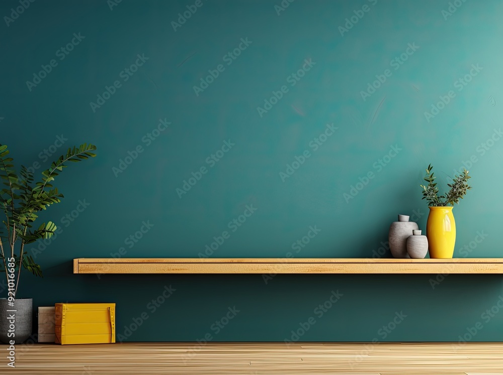 Minimalist Shelf with Teal Wall and Yellow Vases. Minimalist Shelf with Teal Wall and Yellow Vases.