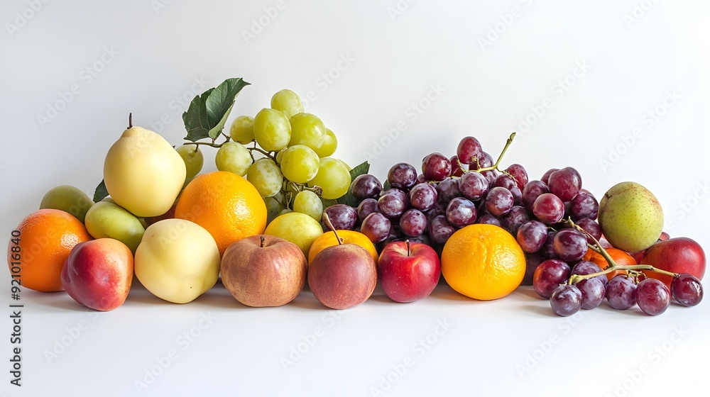A Symphony of Freshness: A vibrant array of fruits, from crisp apples and juicy oranges to plump grapes and succulent pears, bursts with color and vitality against a clean white backdrop. A visual fea A Symphony of Freshness: A vibrant array of fruits, from crisp apples and juicy oranges to plump grapes and succulent pears, bursts with color and vitality against a clean white backdrop. A visual fea