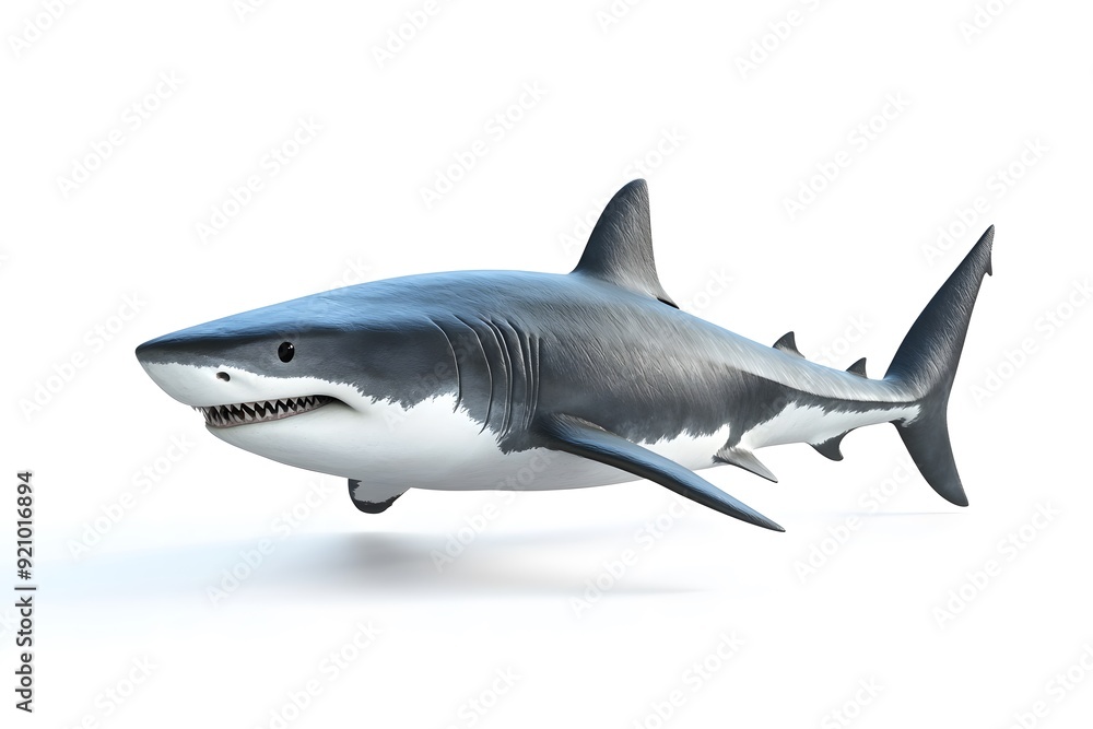 Obraz premium Great White Shark Prowling: A majestic great white shark glides through a pure white expanse, its powerful form and intense gaze commanding attention. 