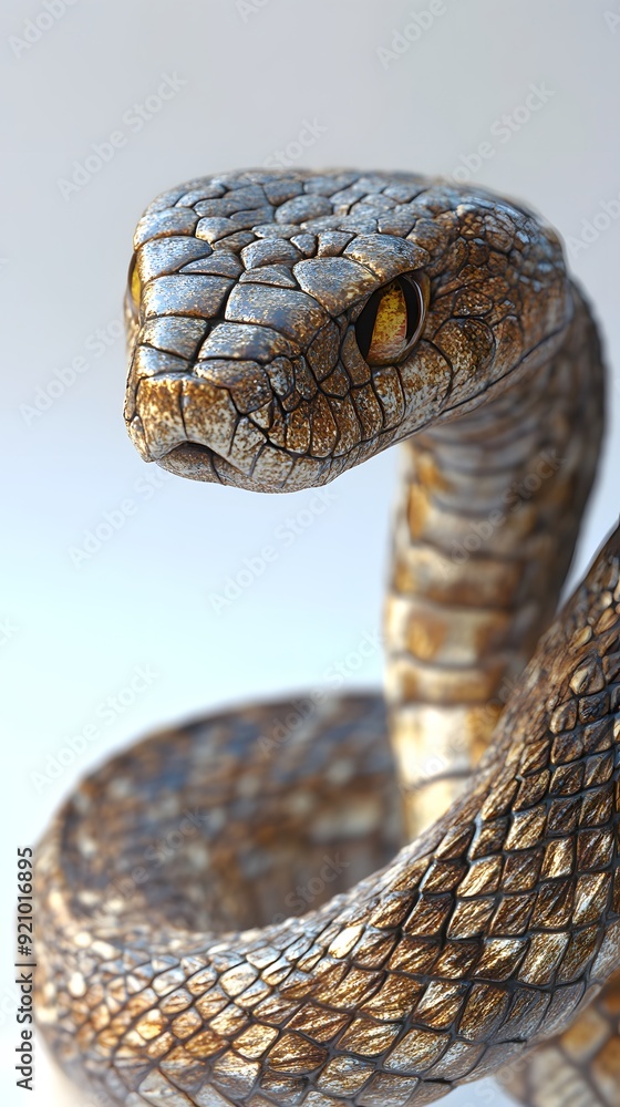 Fototapeta premium Serpent's Gaze: A close-up of a mesmerizing snake with intricate scales and piercing yellow eyes, coiled in a captivating pose, showcasing the beauty and mystery of nature's wonders. 