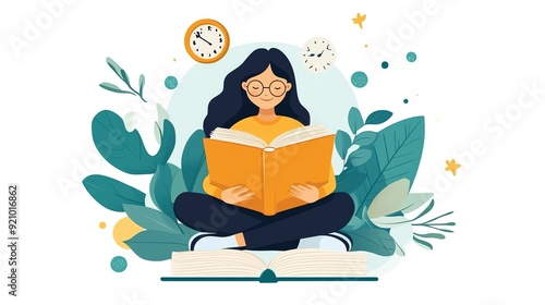 Woman sitting cross-legged reading book in a cozy atmosphere.