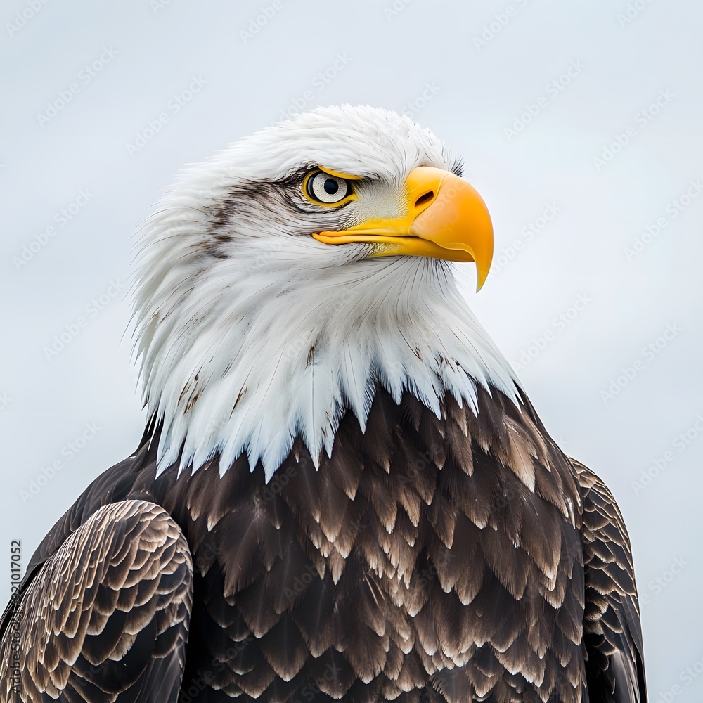 Bald Eagle Portrait: A majestic bald eagle stares intensely into the distance, its piercing yellow eyes capturing a moment of focus and power. The sharp details of its feathers and beak showcase the b Bald Eagle Portrait: A majestic bald eagle stares intensely into the distance, its piercing yellow eyes capturing a moment of focus and power. The sharp details of its feathers and beak showcase the b