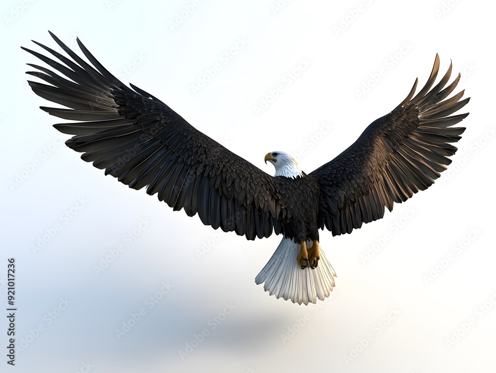 Naklejka premium Majestic Bald Eagle in Flight: A symbol of freedom and power, this majestic bald eagle commands attention as it soars through the sky with its wings spread wide against a pristine white background.