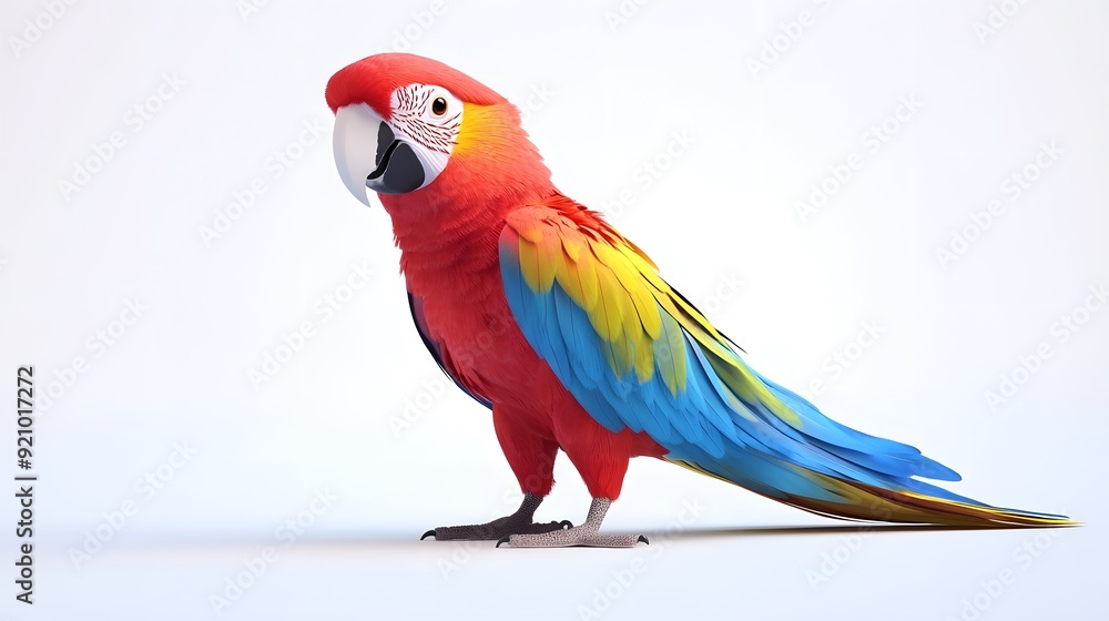 Obraz premium Scarlet Macaw in Focus: A vibrant scarlet macaw stands proudly against a soft white background, showcasing its colorful plumage and striking features. The bird's inquisitive gaze and sharp details cre