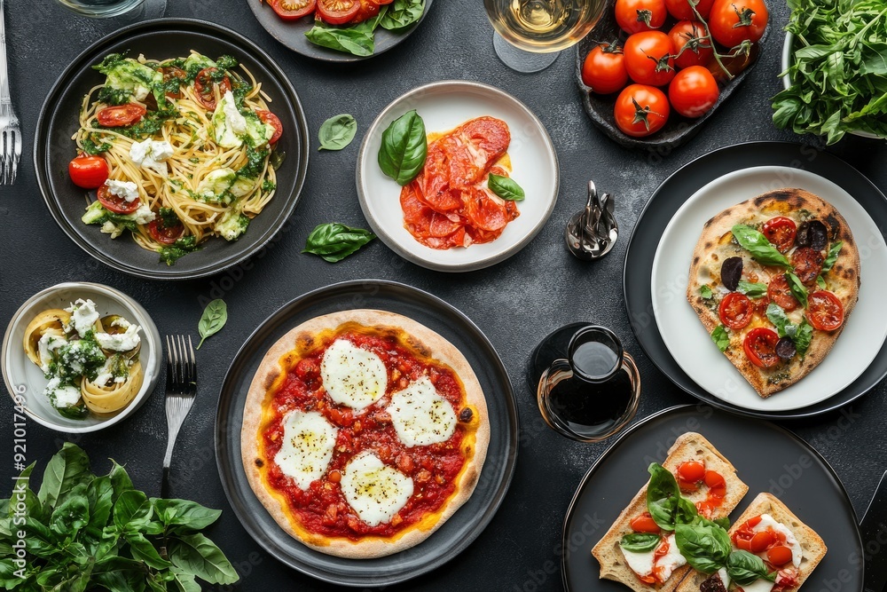 Full table of italian meals on plates Pizza, pasta, ravioli, carpaccio. caprese salad and tomato bruschetta on black background. Top view - generative ai Full table of italian meals on plates Pizza, pasta, ravioli, carpaccio. caprese salad and tomato bruschetta on black background. Top view - generative ai