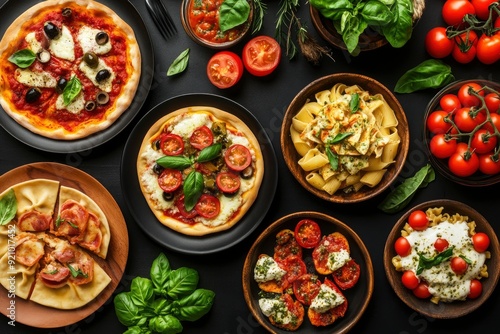 Full table of italian meals on plates Pizza, pasta, ravioli, carpaccio. caprese salad and tomato bruschetta on black background. Top view - generative ai