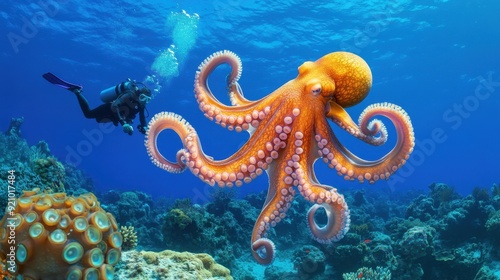 A diver encountering a giant octopus in an underwater cave