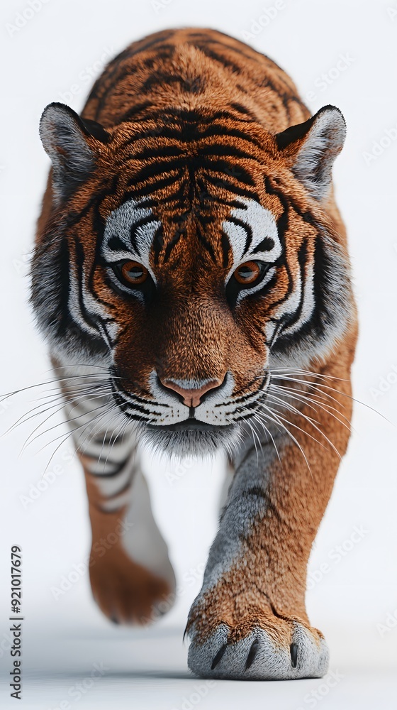 Obraz premium Tiger's Gaze: A powerful, captivating portrait of a majestic tiger walking towards the viewer, its intense eyes locked on the camera. The intricate details of its fur and the sharp focus on its face 
