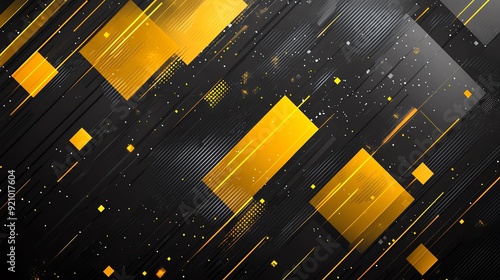 Abstract geometric background with black and gold squares and lines.