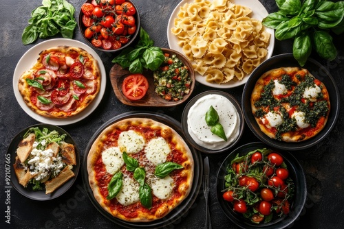 Full table of italian meals on plates Pizza, pasta, ravioli, carpaccio. caprese salad and tomato bruschetta on black background. Top view - generative ai