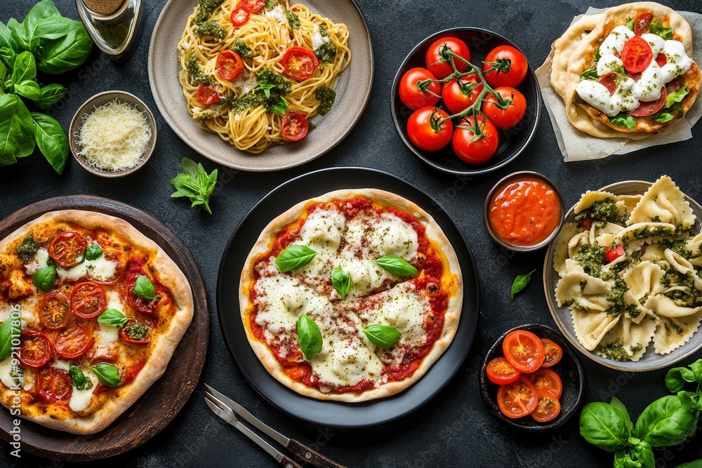 Full table of italian meals on plates Pizza, pasta, ravioli, carpaccio. caprese salad and tomato bruschetta on black background. Top view - generative ai Full table of italian meals on plates Pizza, pasta, ravioli, carpaccio. caprese salad and tomato bruschetta on black background. Top view - generative ai